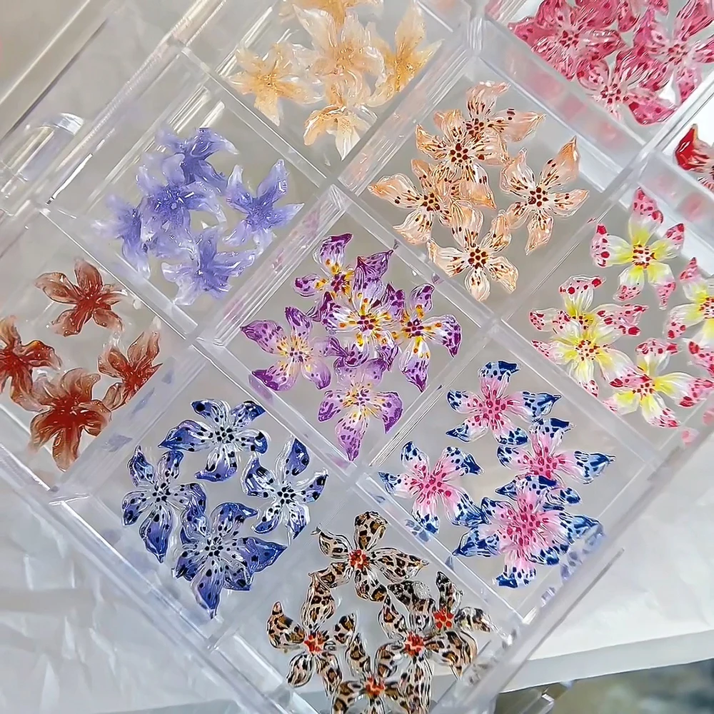 60pcs/Box 3D Ice Crystal Flower Design with Leopard Print Nail Art Charms Lily Flower Nail Art Decor Acrylic Floral DIY Manicure