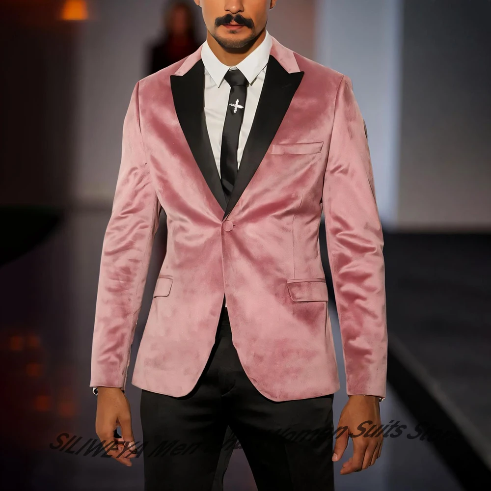 

Pink Velvet Men's Clothes Single Button Peaked Lapel Blazer Pant 2Piece Sets Winter Warm Tuxedo Jacket for Party Wedding Prom