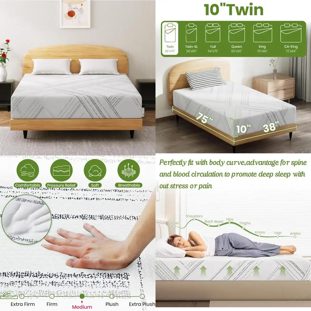 Medium Firm Twin Mattress 10 Inch Cooling Gel Memory Foam, Twin Mattress Box, Removable Washable Cover, Pressure Relief Mattress