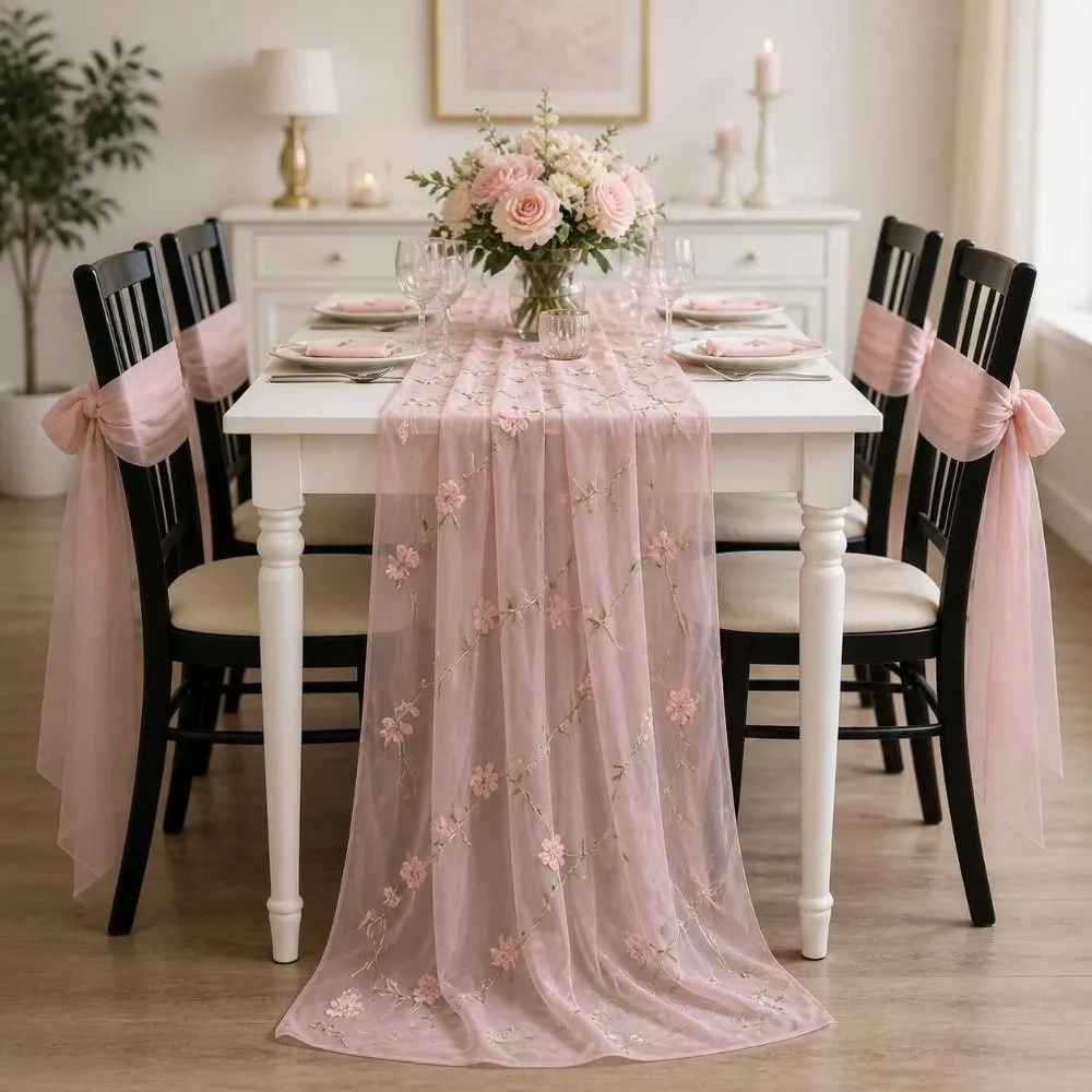 70x280cm Embroidered Table Runner Retro Style Polyester Material Floral Tablecloth Embroidery Design Semi-Transparent Gauze