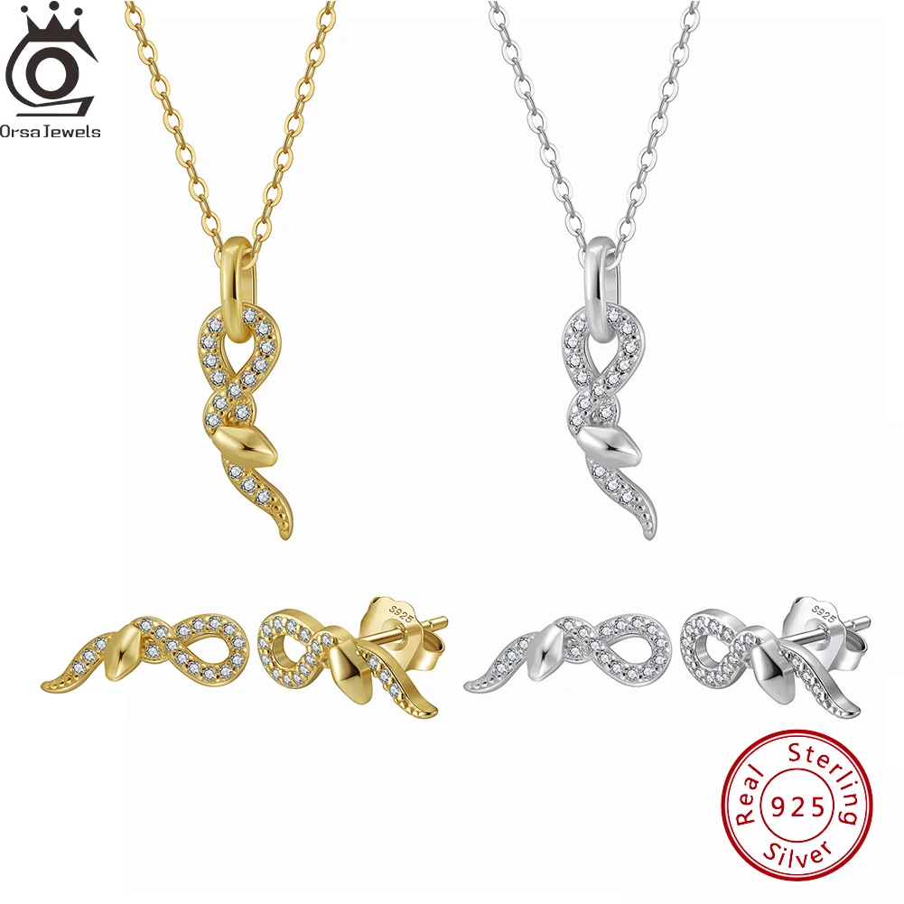 

ORSA JEWELS 925 Stelring Silver Female Jewelry Set Zirconia Snake Pendant Necklace Earrings Cute Animals CZ Neck Chain SN353