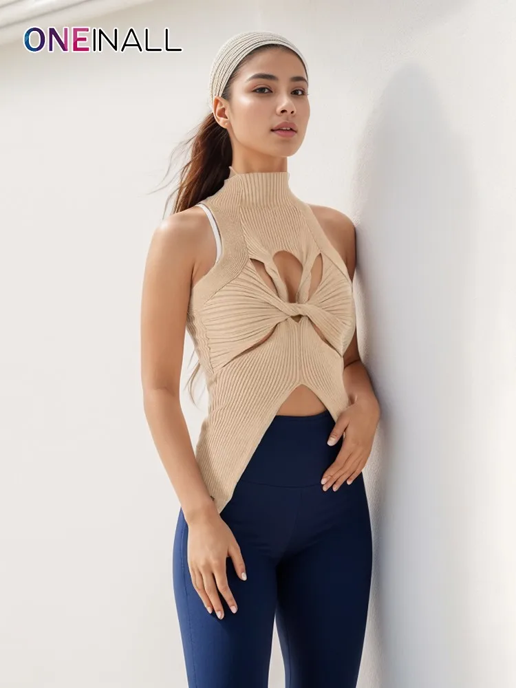 

ONEINALL Hollow Out Knitted Tops Stand Collar Sleeveless Off Shoulder Slimming Folds Casual Summer Split Pullover Vest Female