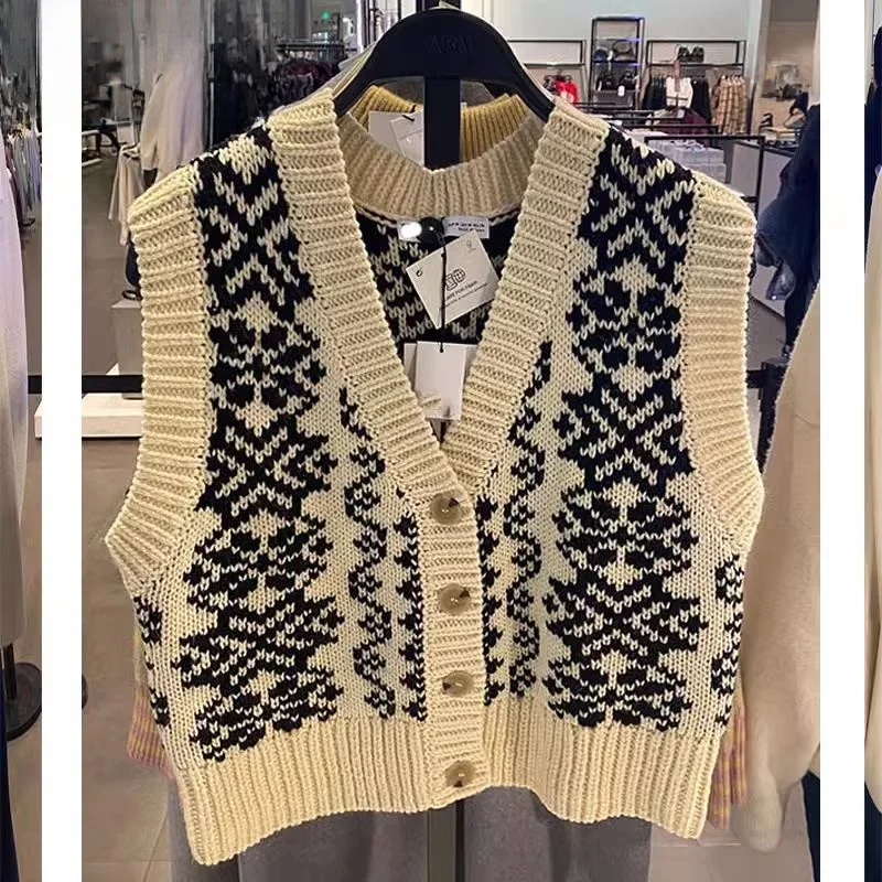 

Spring 2024 Women's Knitted V-ne Tank Top Ribbed Print Woolen Long Sve Regular Fit Straight Sle Button Closure Vest