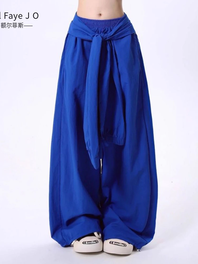 

Spring Autumn Casual Fashion Blue Cargo Pants Female Streetwear Loose All-match Pocket Drawstring Bloomers Women's Clothing ﻿