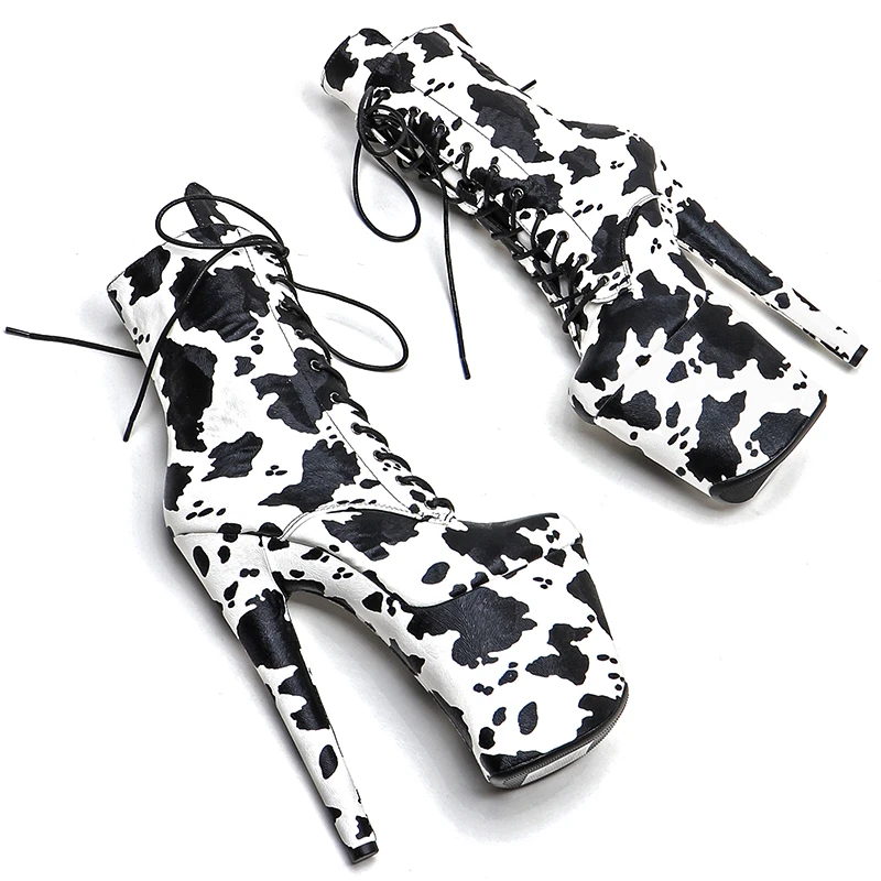 Leecabe  20CM/8inches Matte PU Cow pattern  Upper Fashion trend  platform High Heel  stripper heel  Pole Dance boot