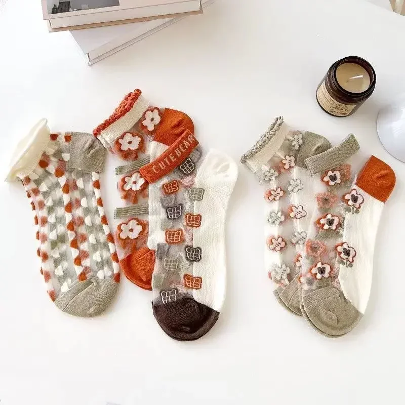

5Pairs Girl Ultra-thin Crystal Silk Socks For Woman Summer Crystal Sokken Chic Lace Embroidery Transparent Glass Mesh Ankle Sock