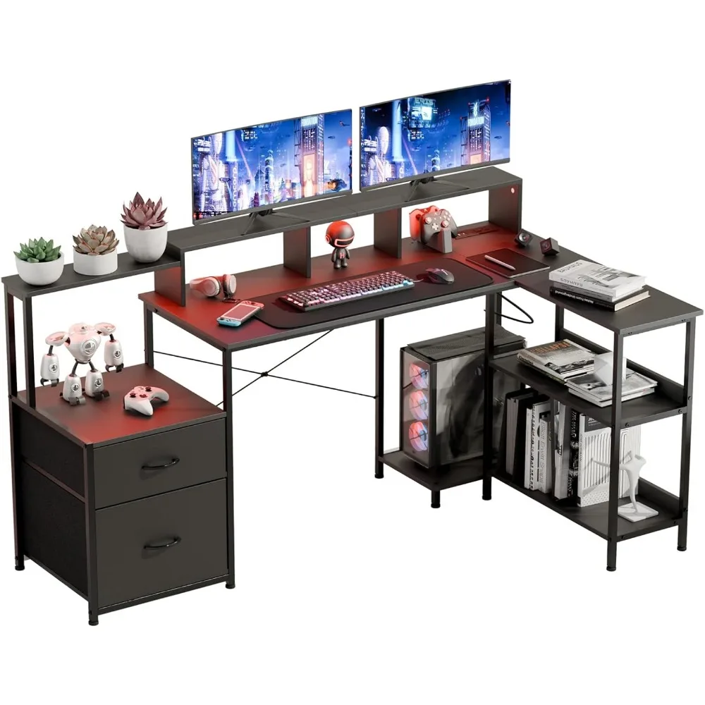 

73 Inch L Shaped Gaming Desk with Drawers, Large Computer Desk with Storage and Power Outlet, Corner Desk with Led Lights