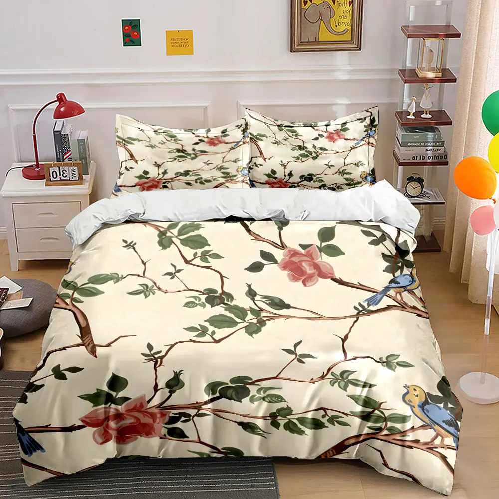 Hand-painted branches and birds Pattern Duvet Cover Set Digital Print Colorful Polyester Bedding with Zipper Closur for gifts