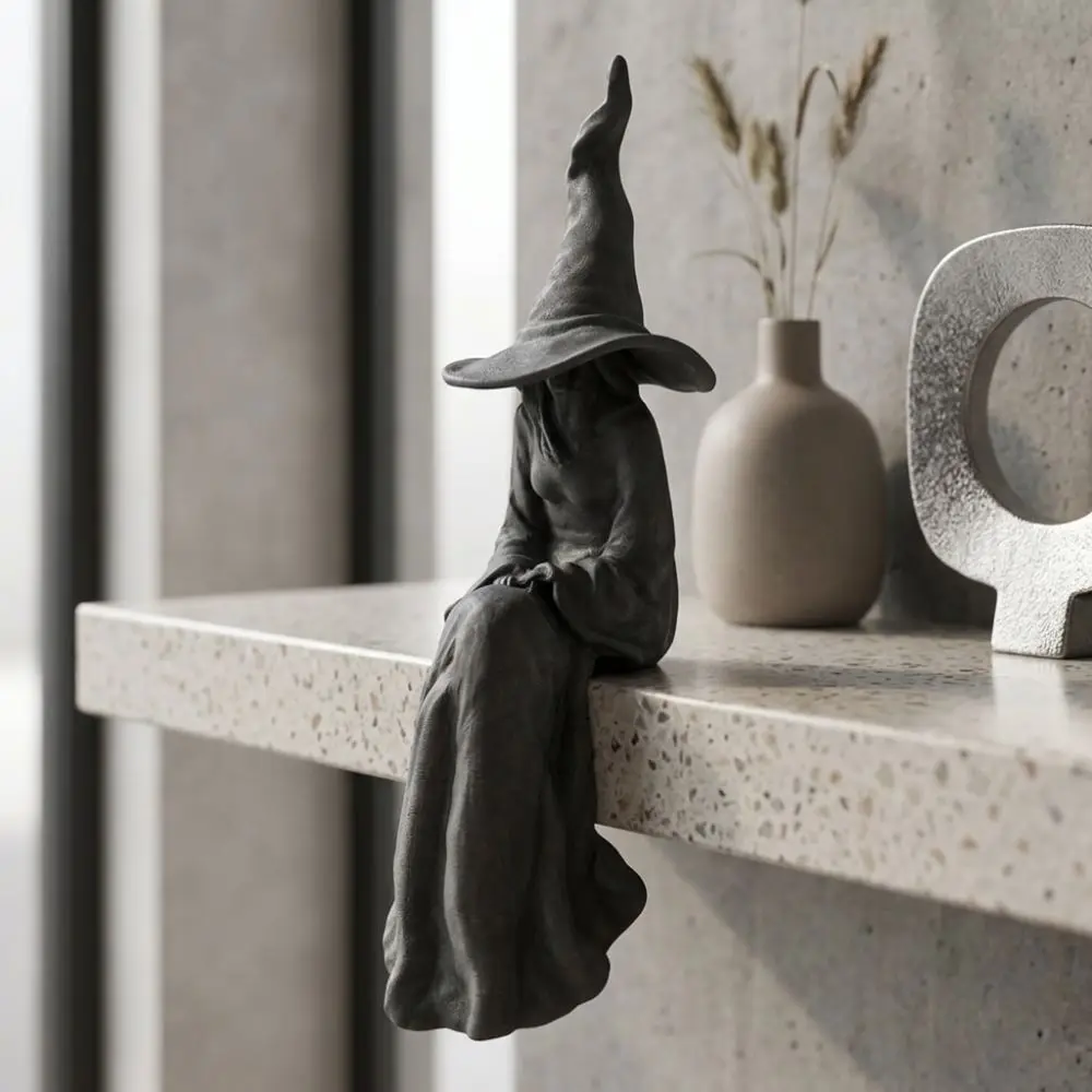 3D Printed Halloween Sitting Witch Figurine Gothic Dark Style Vintage Faceless Witch Sculpture Plastic Break-Resistant