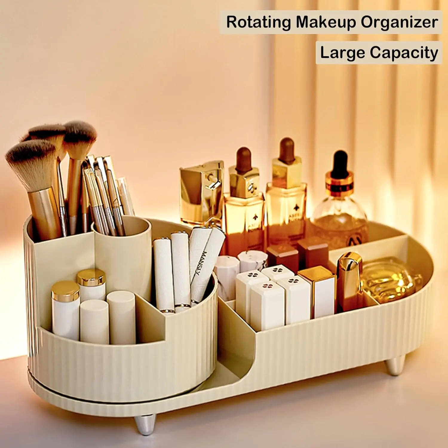 360 °   Organisateur de maquillage rotatif avec porte-brosse, grand rangement de cosmétiques rotatif pour les soins de la peau, les parfums et les lotions