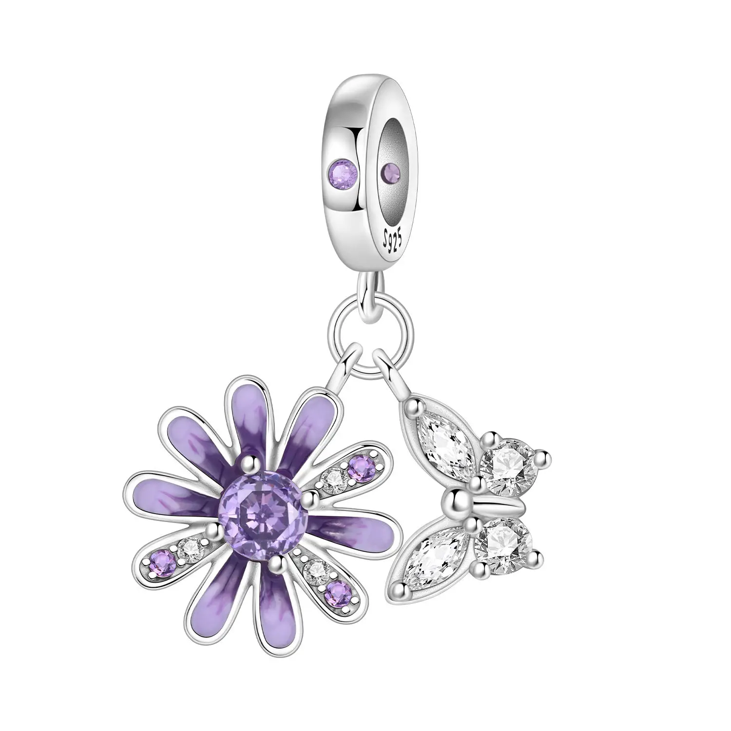 

Cycuff 925 Sterling Silver Purple Daisy Butterfly Beads Original Pendants Bracelet Charm Jewelry Party DIY Trendy Gifts