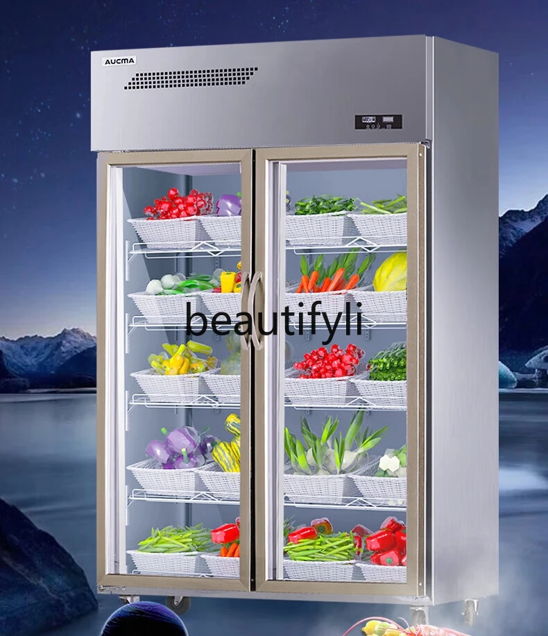 

Restaurant Fruit and Vegetable Cabinet Double Door Refrigerated Display Cabinet Commercial Upright Refrigerator Freezer