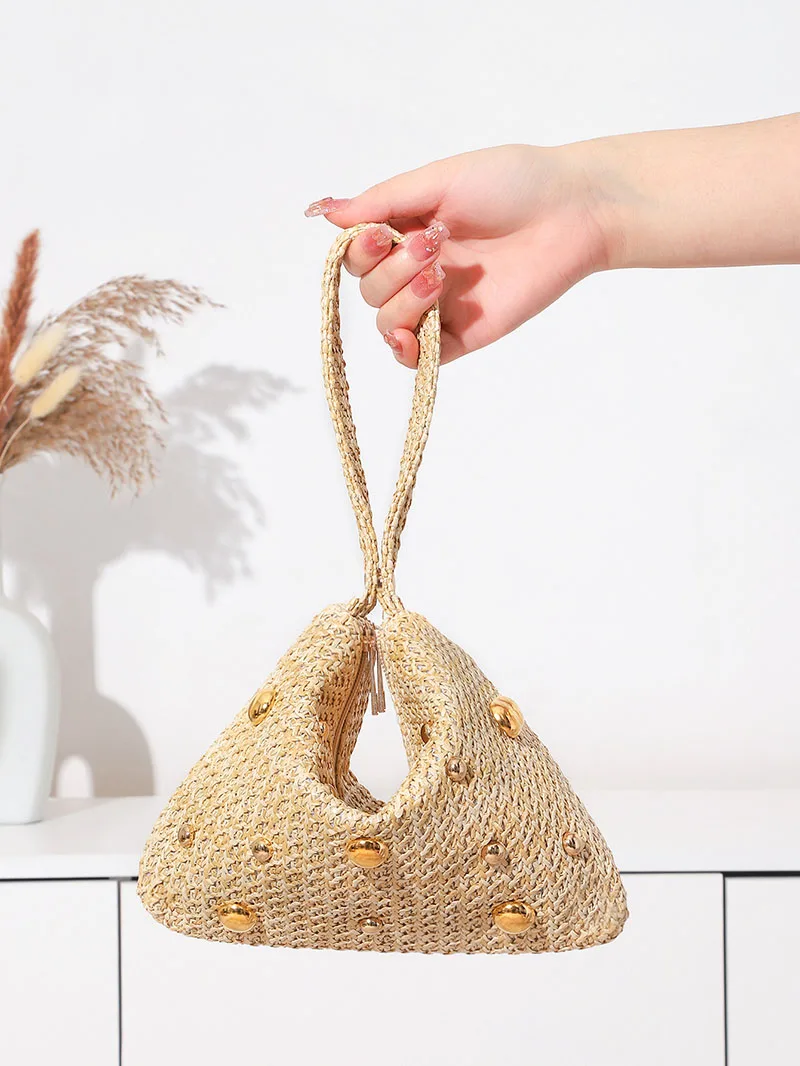

Summer Metal Round Handle Straw Bags Commuter Banquet Clutch Bag New Women's Fashion Woven Handbags