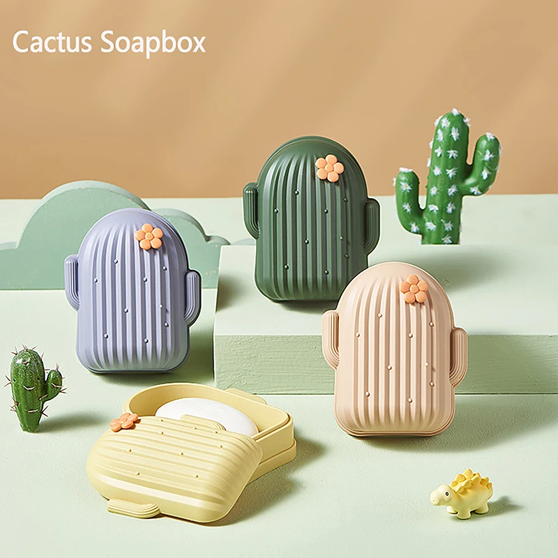 1pcs Creative Cute Soap Box Cactus Shape Laundry Soap Sponge Dish Holder Bathroom Storage Travel Portable Waterproof Soap Case