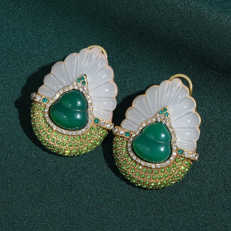 Vintage Green And White Agate Woman Stud Earrings Natural Gourd Stone Inlaid Chinese Style Retro Jewelry Luxury Birthday Gifts