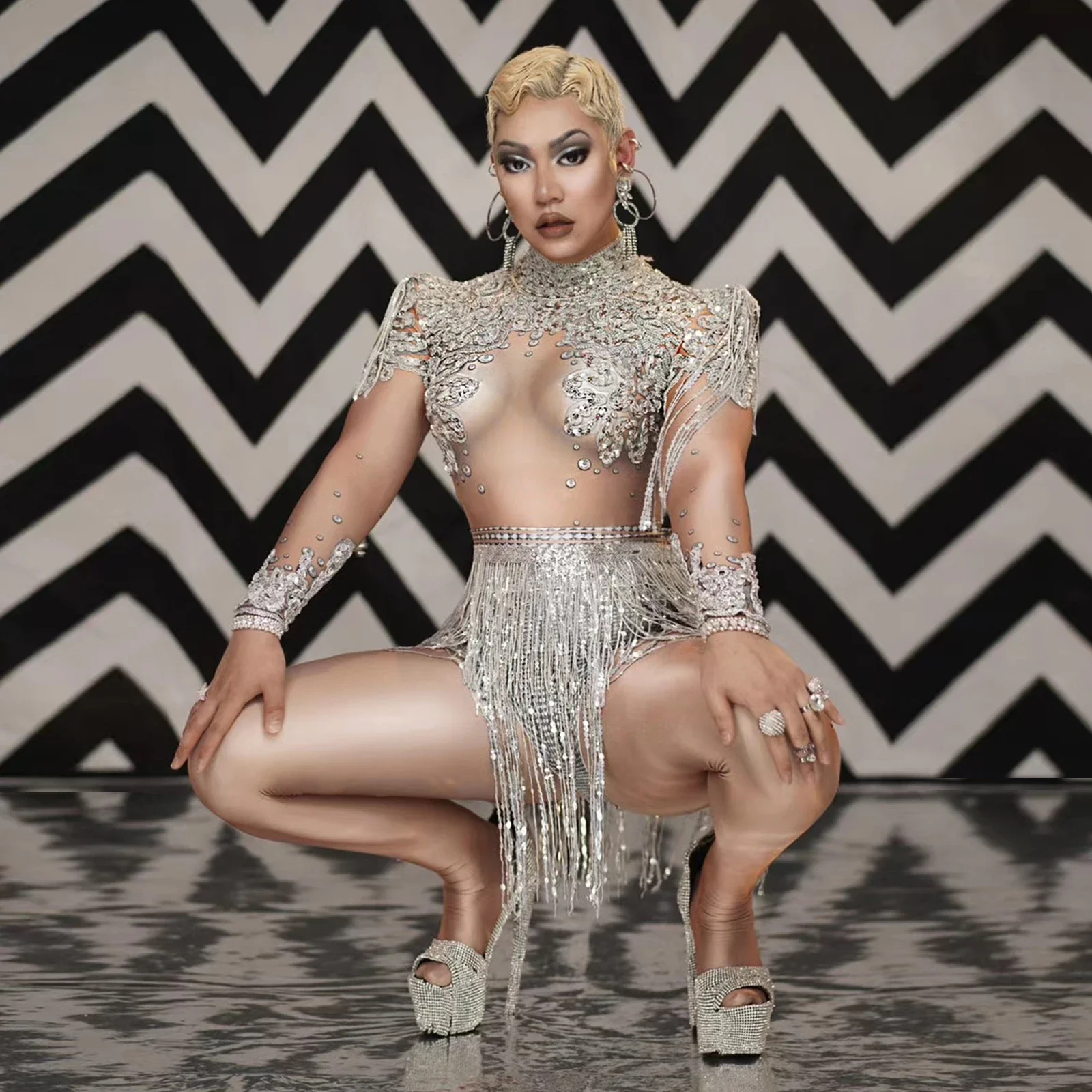 kobiety taniec na rurze klub nocny impreza nosić kostiumy drag queen seksowne dwuczęściowe złoto srebro cekiny frędzle body strój sceniczny sukienka