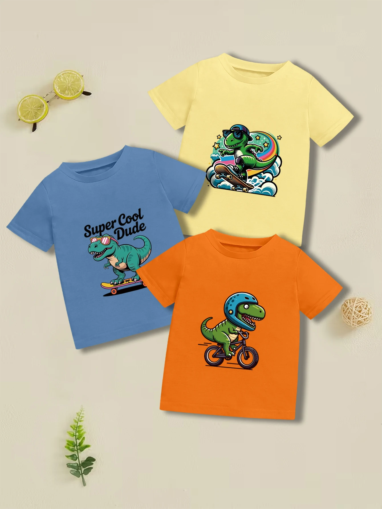 

3 предмета: летняя повседневная футболка для мальчиков с мультяшным принтом зеленого динозавра