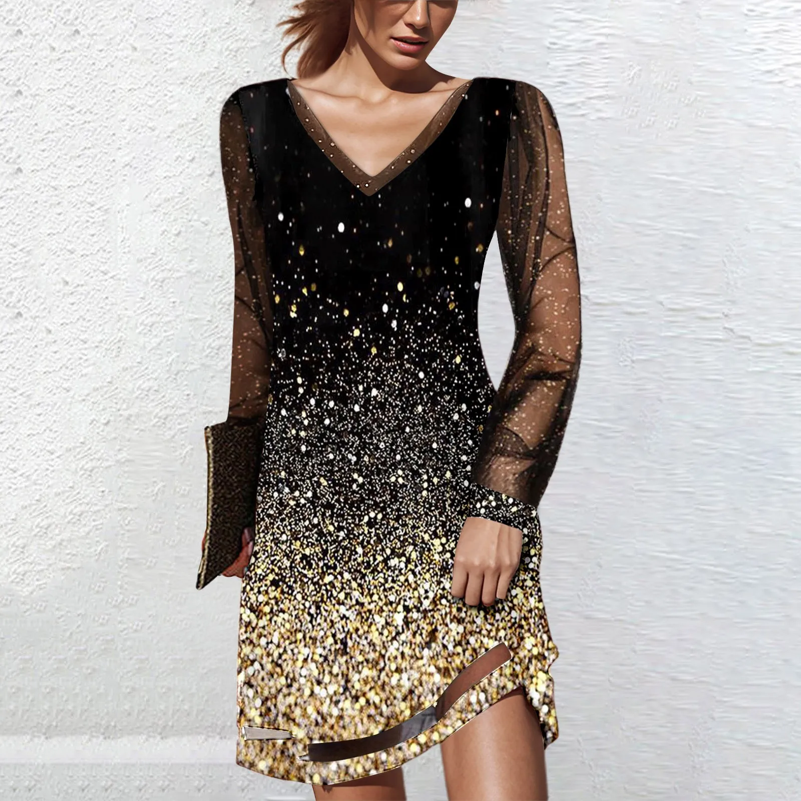 

Women Glitter Sequin Elegant Dress V Neck Long Sleeve Mesh Patchwork Loose Dress Shiny Fashion Evening Party Cocktail Dresses