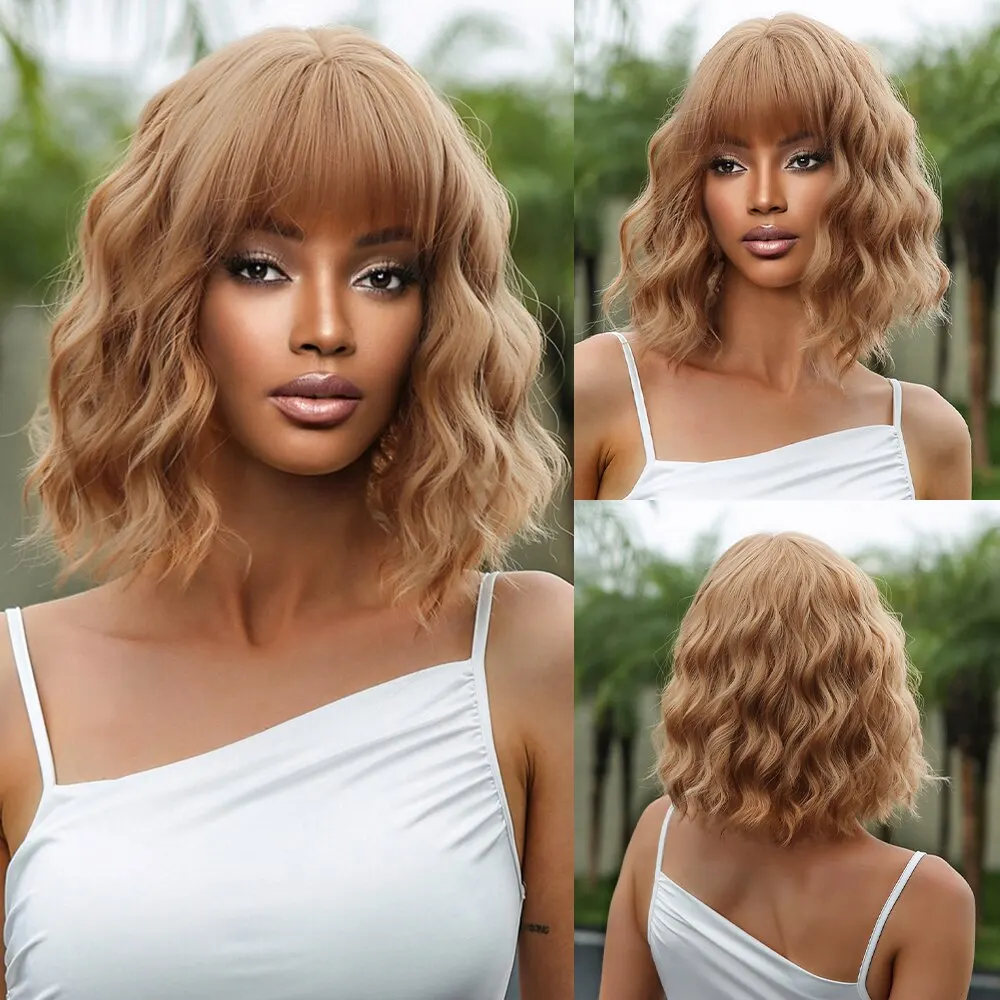 

Light Brown Wavy Wigs for Women Short Blonde Bob Hair Wigs With Bangs Natural Wave Daily Lolita Heat Resistant Fiber Wig