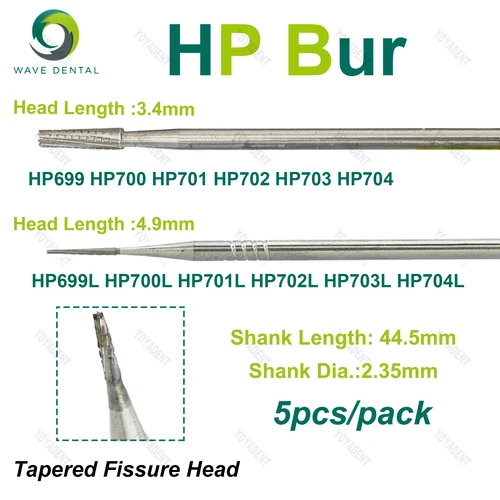 Imagen 2 del producto Fresas de carburo de tungsteno WAVE, cabeza de fisura cónica HP para pieza de mano de baja velocidad, cono de nariz recta, 5 unids/pack, accesorios dentales