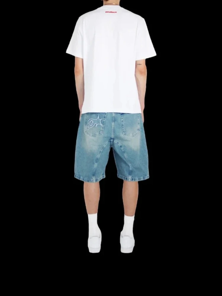 HOUZHOU Y2k Vintage Harajuku krótkie dżinsy damskie sprany haft amerykański Retro męskie dżinsy Jorts Baggy hiphopowy sweter lato