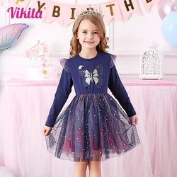 VIKITA Kids Butterfly Sequined Appliqued Dress Girls Long Sleeve Autumn Spring Vestidos Girls Mesh Tulle Party Princess Dresses