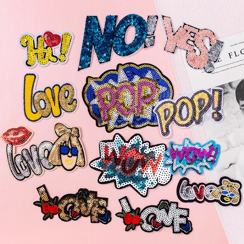 Sequin Trendy Letter Embroidery Patch Popular Text YES NO WOW Iron on Patches for Clothing Sports Shoes Patch Anime Clothes Kids