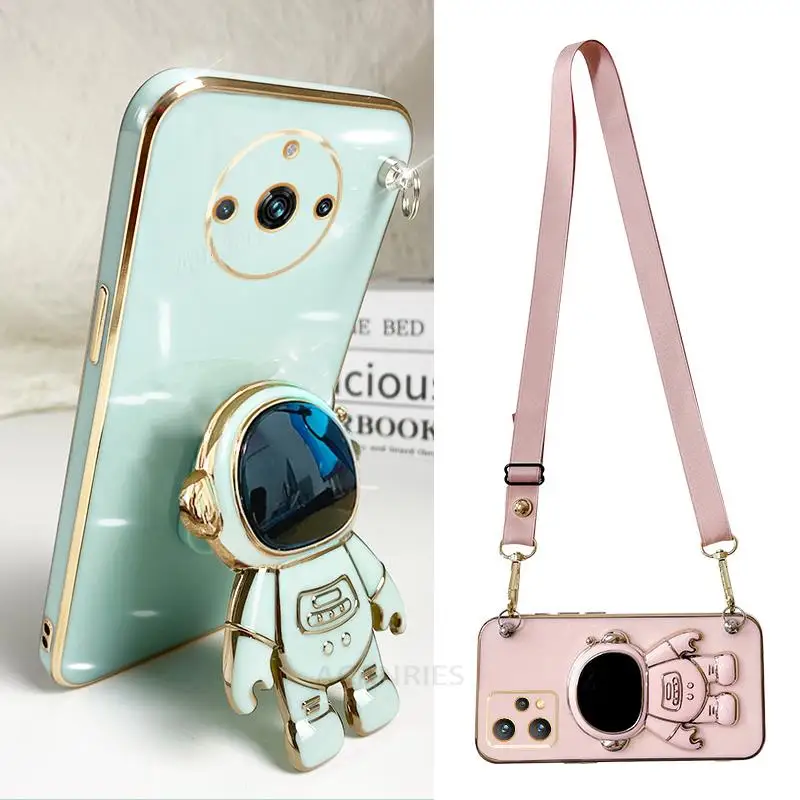 Realme11 Crossbody Lanyard Plating Case For Oppo Realme 11 Pro Plus 9 10 8 8i 9i 4g 5g 9pro Neo Silicone Astronaut Holder Cover