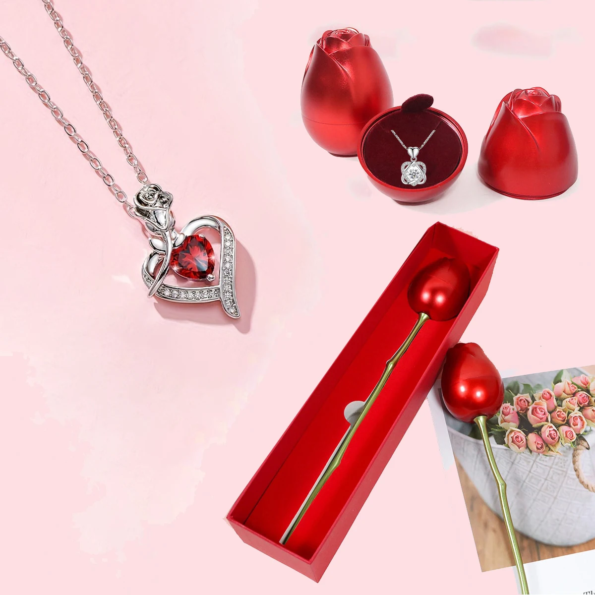 Heart Red Zircon Necklace Pendant With Roses Flower Box Gift For Mother's Day 2024 New Luxury Romantic Wedding Fashion Jewelry