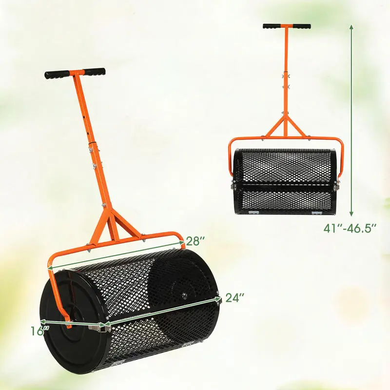 24 Inch Compost Spreader Peat Moss Spreader Roller with Height-Adjustable T-Shaped Handle-Orange