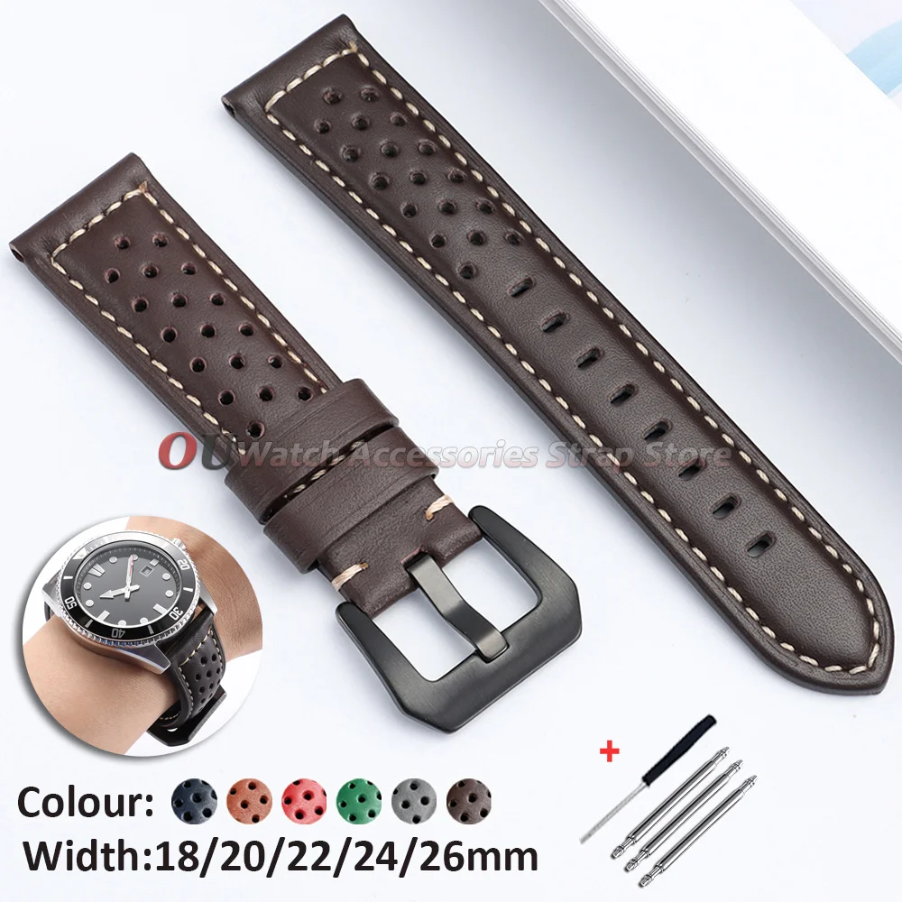 20mm 22mm 18mm 24mm 26mm Porous Leather Watch Bands for Panerai for Seiko Strap Handmade Cowhide Watch Strap Women Men Bracelets