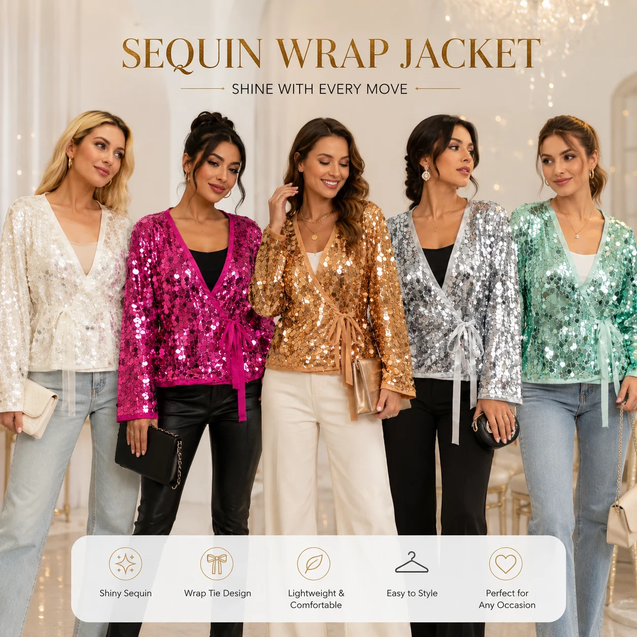 New Autumn Women Sequin Kimono Jacket Coat Long Sleeve V Neck Female Casual Loose Outerwear Chic Lady Wrap Outfits