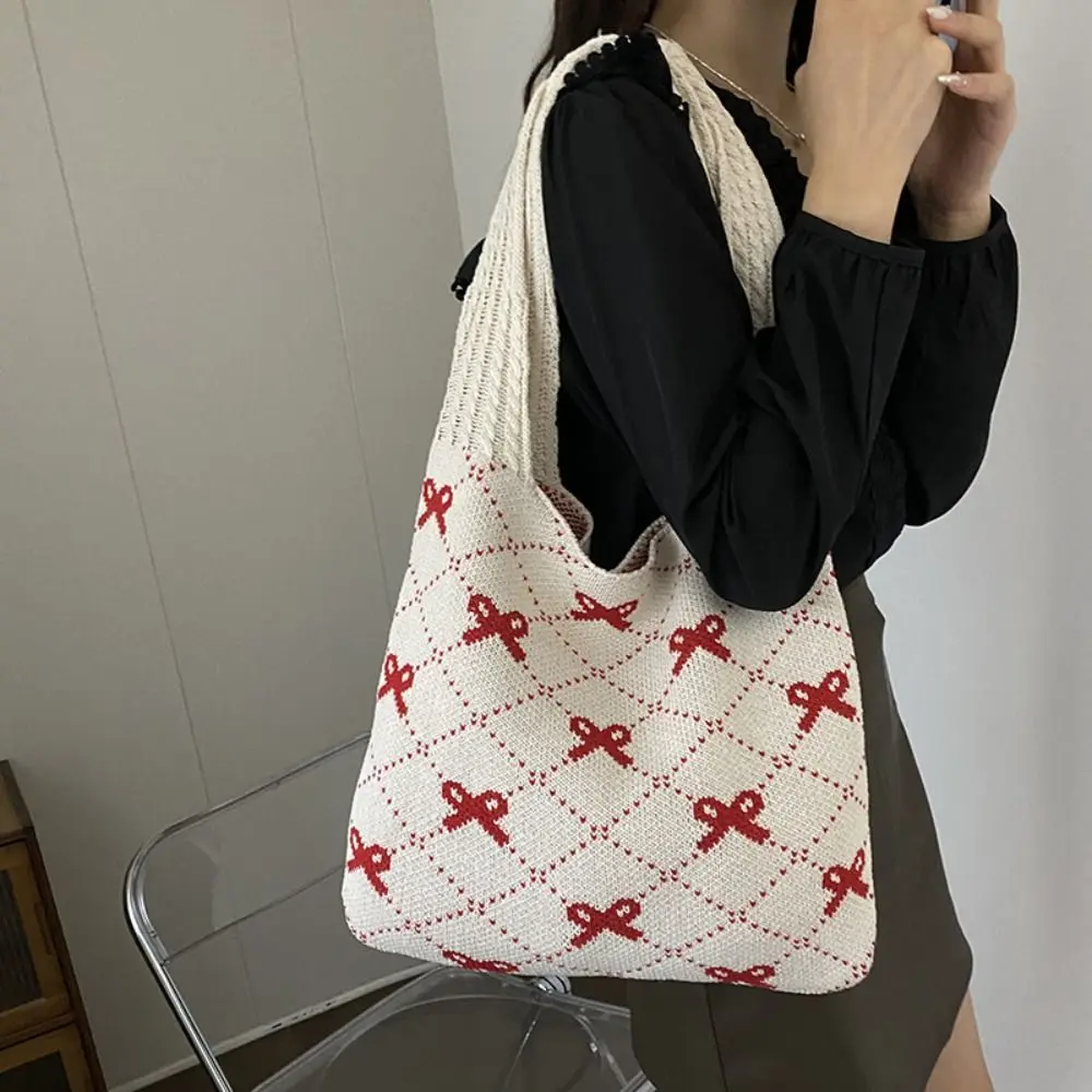 

Printed Bow Knitting Shoulder Bag Commute Large Capacity Knitted Crochet Bag Handbag Underarm Bag Knitting Tote Bag Travel