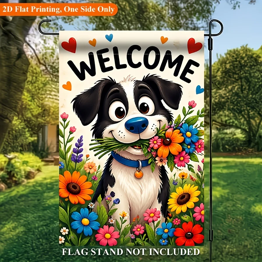 2D Flat, 2D-1pc 2d Printed Garden Flag 12*18in Cute Dog Holding Flowers Peach Skin Double-sided Welcome Flag Courtyard Porch Home Decoration Pumpkin Garden Flag Outdoor Decoration Popular Latest.