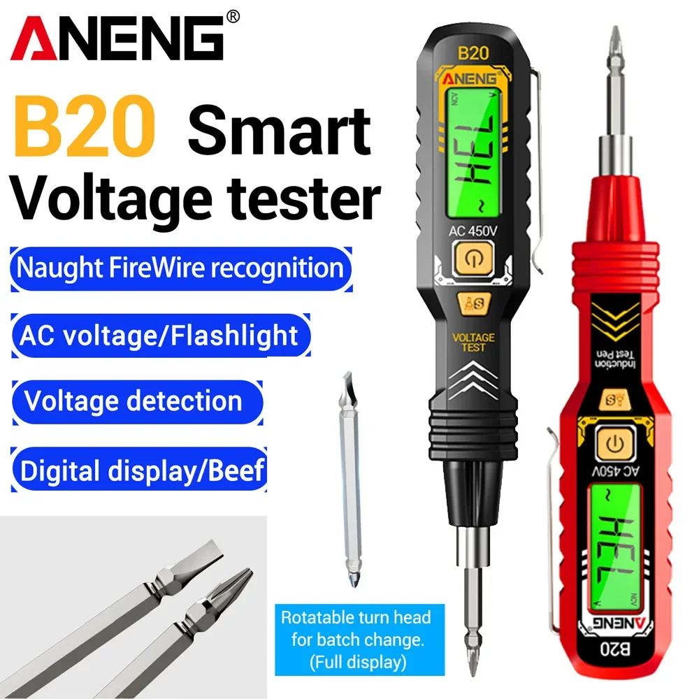 

Digital Screwdriver Smart Double Head Tester 11V~ 450V AC Voltage Detection Dual-use Slotted Cross Electrician Tools ANENG B20