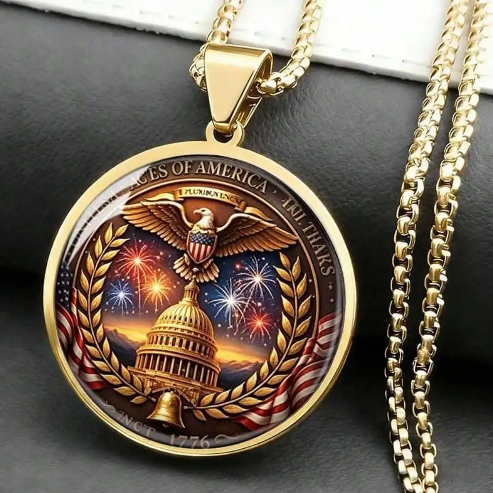 USA Patriotic Round Pendant Necklace, Bald Eagle & US Capitol Print, Silver Plated Stainless Steel Box Chain, American Independence Outfit Accessory Jewelry For Men & Women, Daily Wear & Gift
