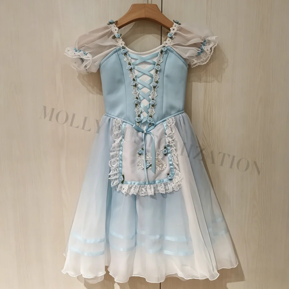 Nuevo Vestido Largo de Gasa con Volantes Personalizado Azul y Verde para Competición de Ballet, Inspirado en la Imparable Clara Coppelia de Gisele