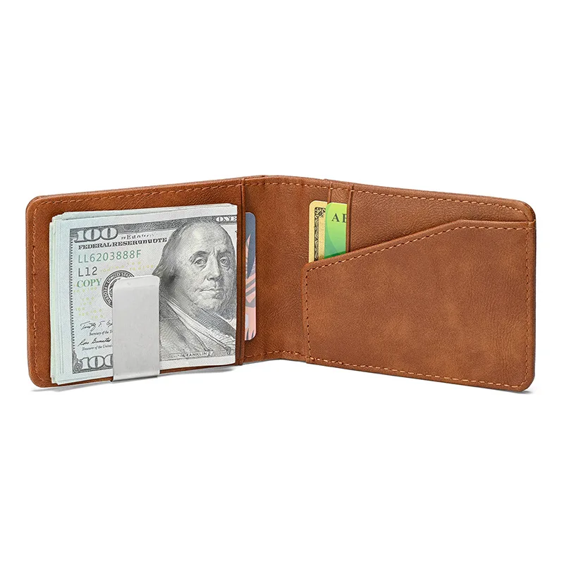 Protective Short PU Card Holder Wallet for Men with Crazy Horse Texture Stainless Steel Money Clip for Credit Cards