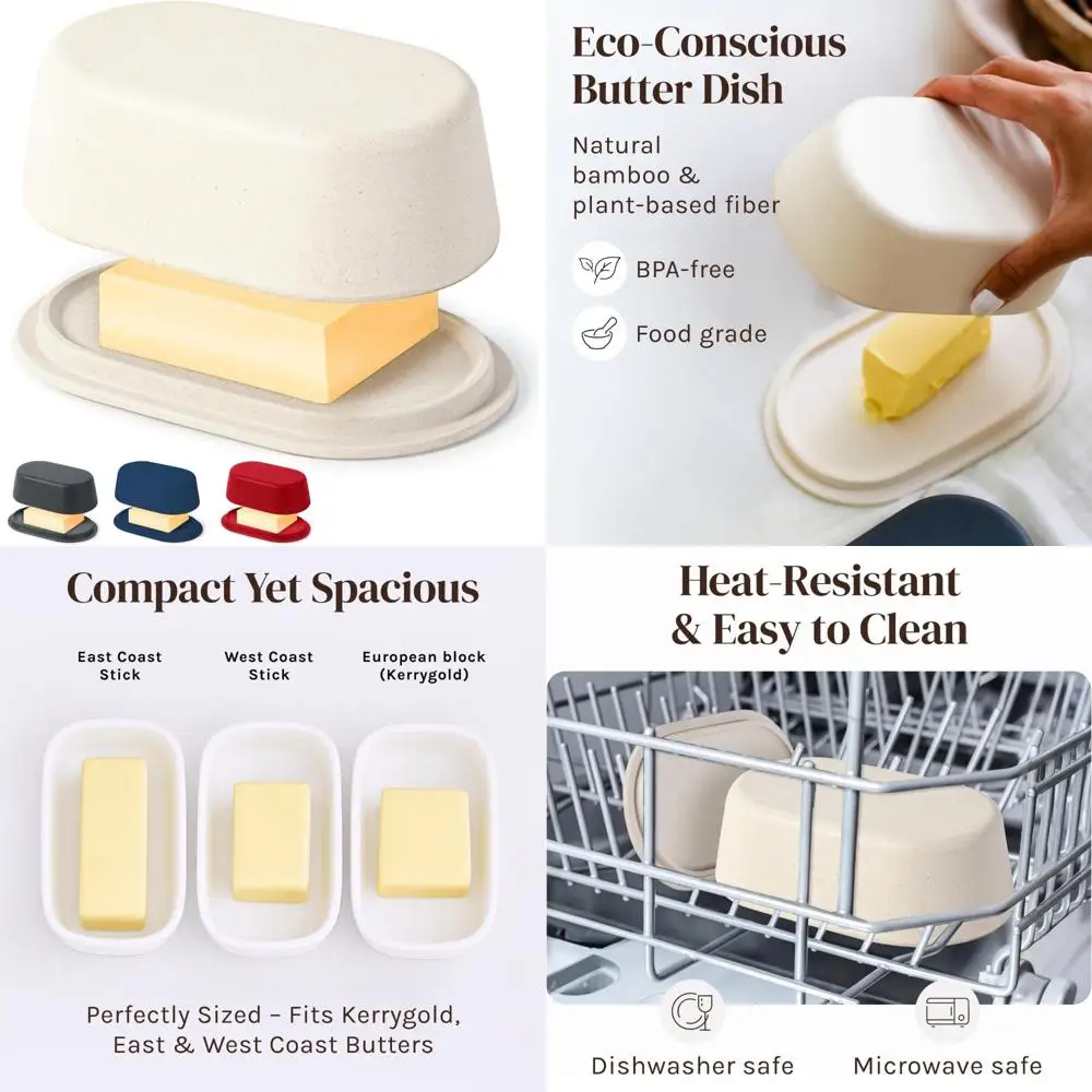 Plato de mantequilla ecológico moderno de fibra de bambú con tapa para encimera – soporte para mantequilla blanca, bandeja pequeña para kerrygold, st europeo
