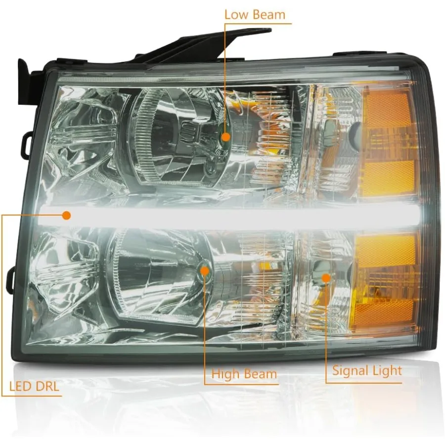 مصابيح أمامية LED DRL لسيارة تشيفي سيلفرادو 20072013 شاحنات تشيفي سيلفرادو 1500 2500 3500 HD مع غطاء كروم بعدسة سموكي وعكس كهرماني