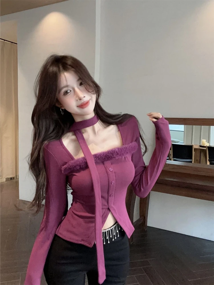 

Женская блузка с длинным рукавом и квадратным вырезом из искусственного меха, облегающая, с уникальным дизайном, сексуальная, с завязками на шее, милый топ-боди