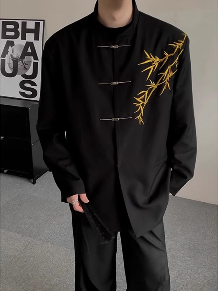 Chinese Style Wedding Suit for Men Embroidered Golden Bamboo Stand Collar Casual Long Sleeve Jacket Polyester Fiber Autumn Wear