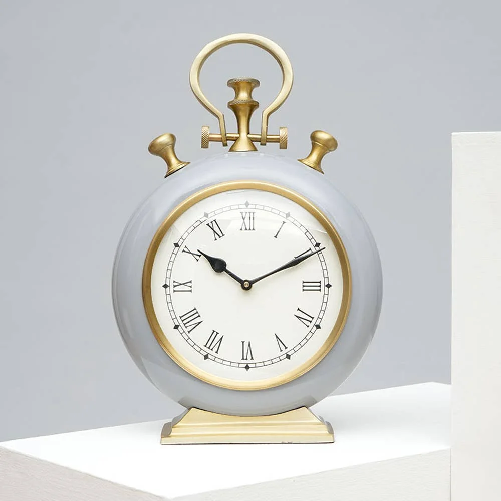 Elegant Grey & Gold Vintage Pocket Watch Style Table Clock, Luxury Silent Roman Numeral Desk Clock for Bedroom & Office Decor