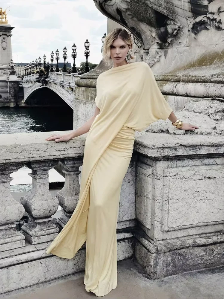 

Elegant Solid Pleated Maxi Dress Lady Chic Irregular Sleeve High Waist Slim Long Dresses 2026 New Women Evening Dinner Vestidos