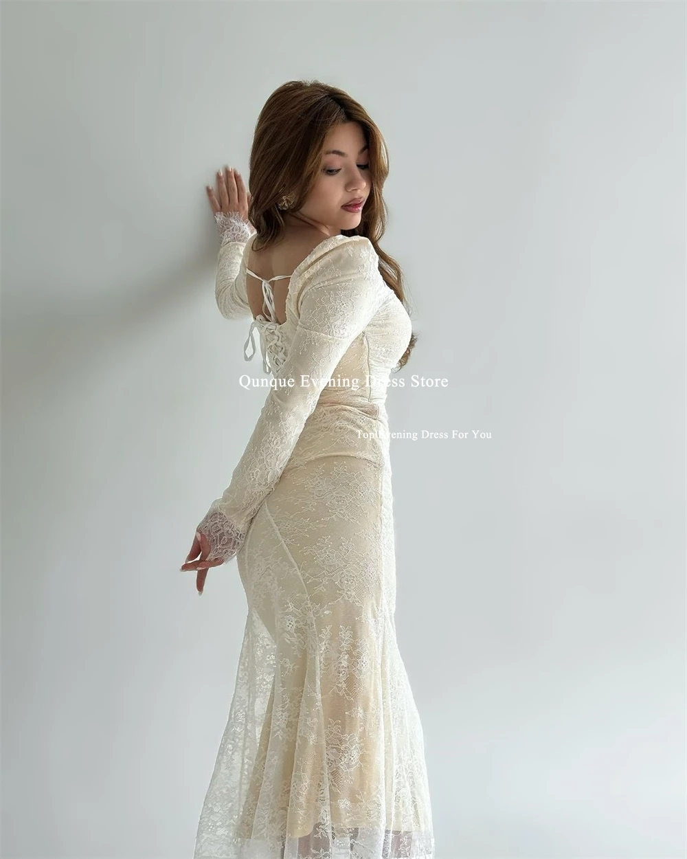 Qunque Customized Lace Mermaid Wedding Dresses Long Sleeves Square Neck Party Gala Gowns Ankle-Length Vestidos Novia Bohemio