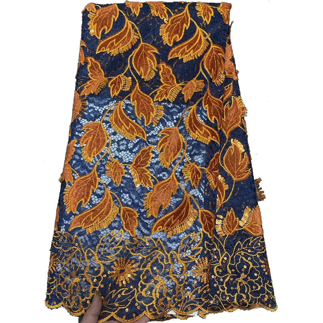 

(5yards/pc) High quality French sequins tassels lace amazing embroidered African velvet tulle lace fabric orange blue FLP341