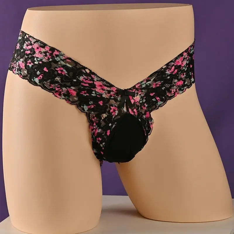 

Man's Sexy Lace Floral Low Waist Slim Fit Panties Briefs Live Show Dance Spicy Costumes FKK Private Party