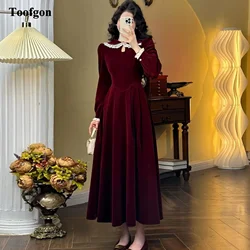 Toofgon Burgundy Velvet Midi Prom Evening Dresses Customized Long Sleeves Lace Formal Party Gowns Women Wedding Reception Dress