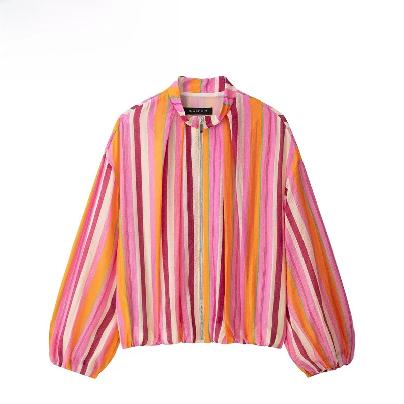 Fashionable Striped Pilot Jacket Women's Short Outerwear Versatile Polyester Fiber Long Sleeve Zipper Closure No Cap Summer S...