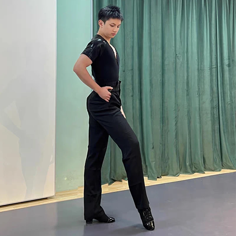 Pantalones de baile latino para hombre, pantalón negro de cintura alta, ropa de competición de baile de salón, traje de baile de Salsa Cha DNV16453,